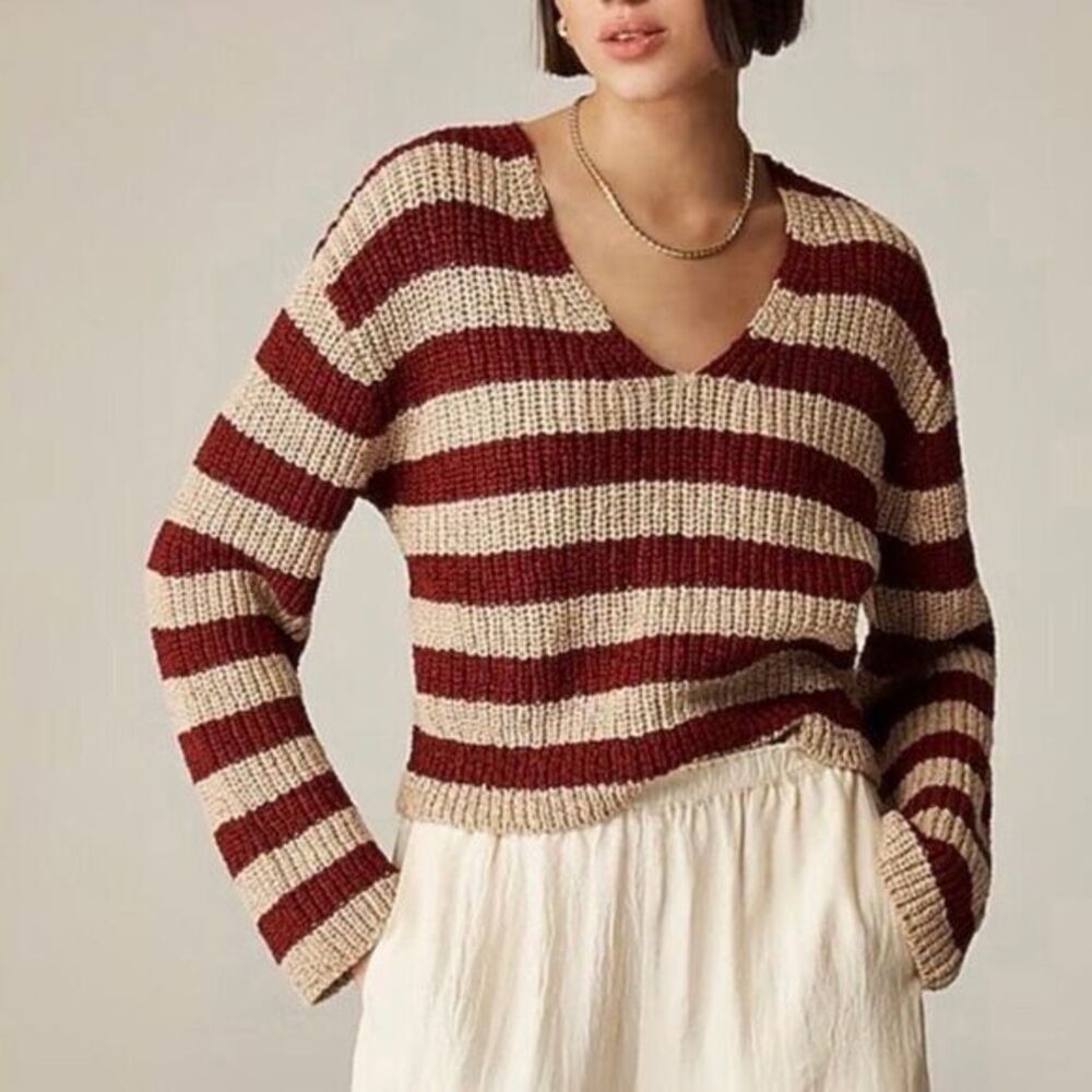 J. Crew Montauk Pullover Sweater Striped V-Neck Cotton Blend in Red/Tan Size M